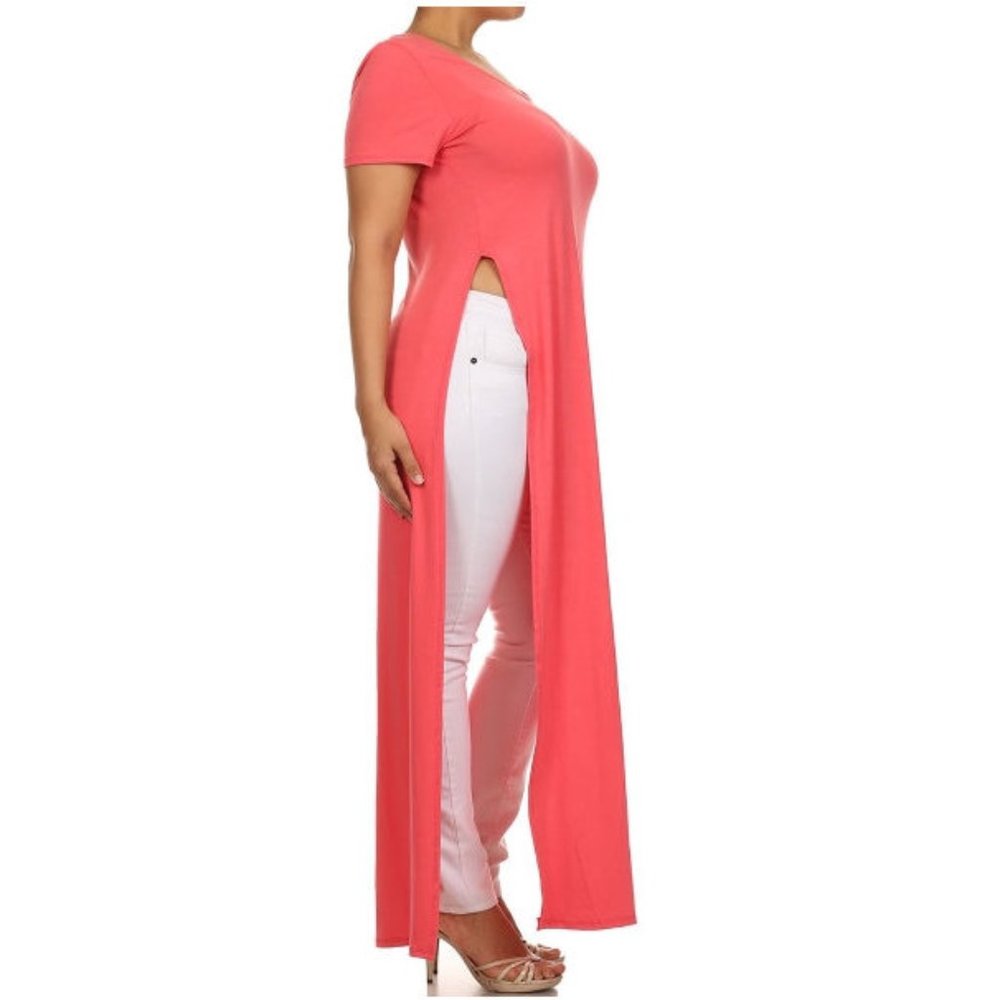 Plus Coral Side Slit Long Maxi T Shirt Tunic Top - Picture 4 of 5